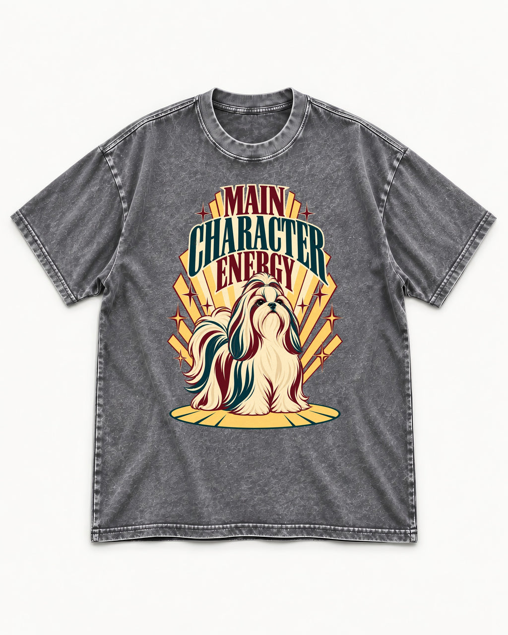 Shih Tzu Main Character Energy Art Deco Graphic Washed Tee in Gray, flat lay product photo