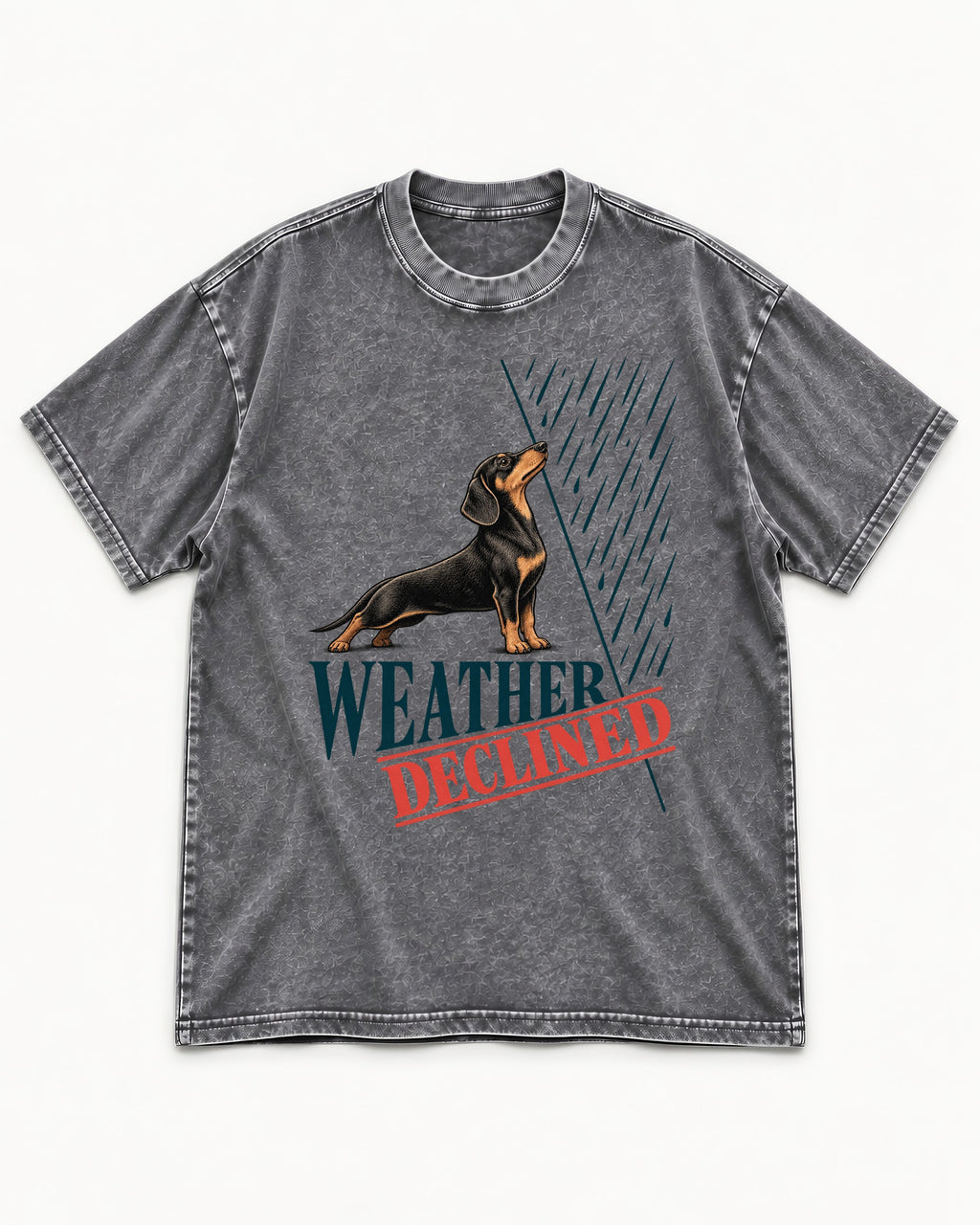 Weather Declined by Dachshund Washed Tee in Gray, flat lay product photo
