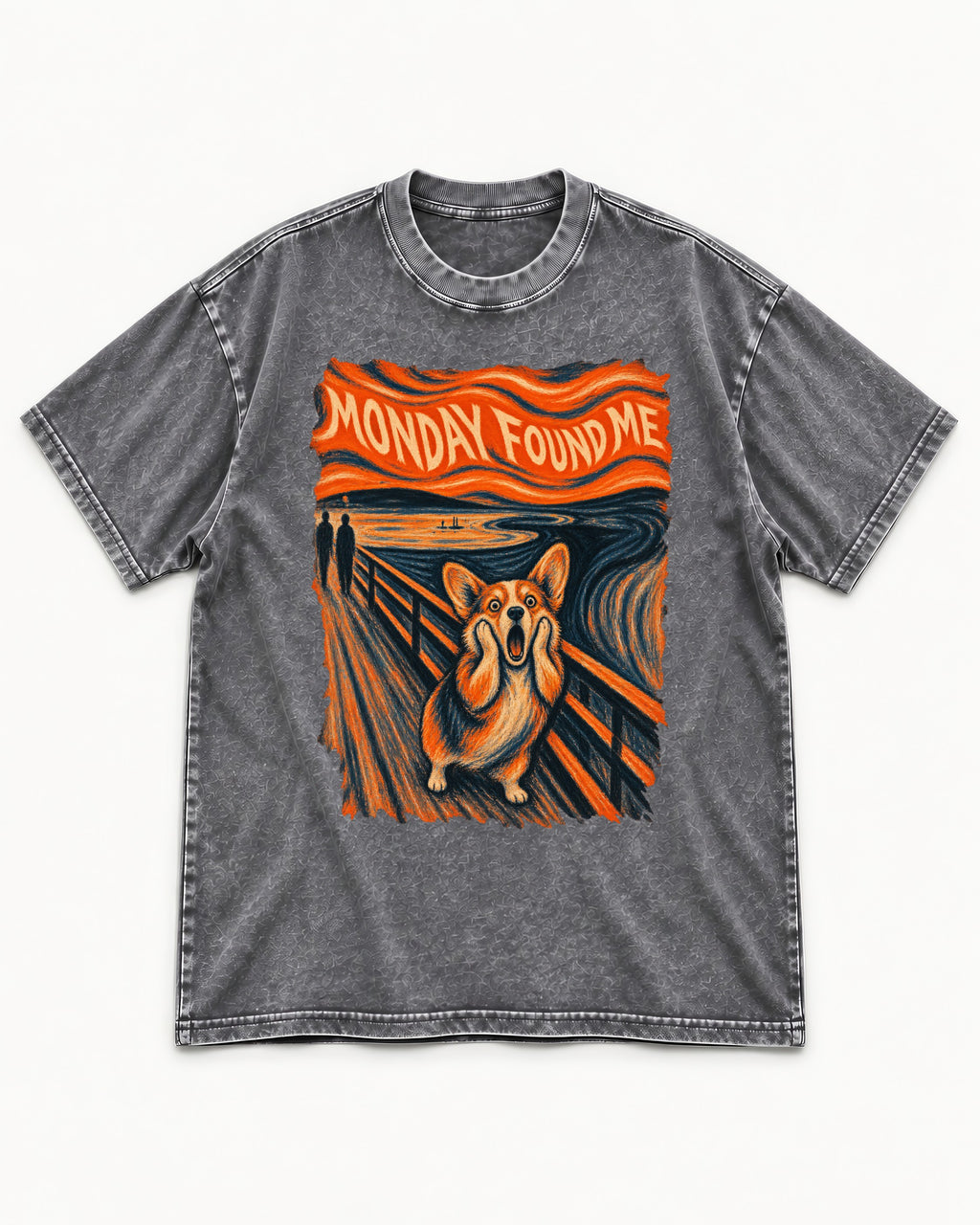 Corgi Monday Found Me Scream Banner Washed Tee in Gray, flat lay product photo