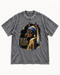 Doberman Quiet Luxury Loud Eyes Pearl Portrait Graphic Washed Tee in Gray, flat lay product photo