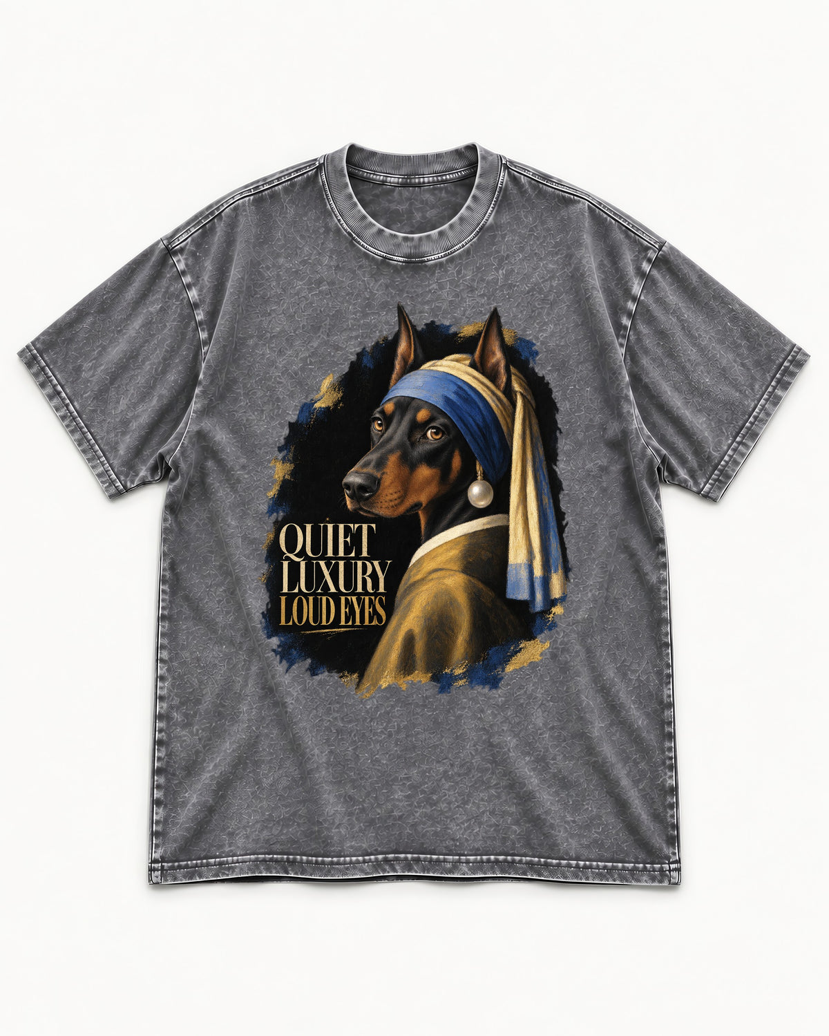 Doberman Quiet Luxury Loud Eyes Pearl Portrait Graphic Washed Tee in Gray, flat lay product photo