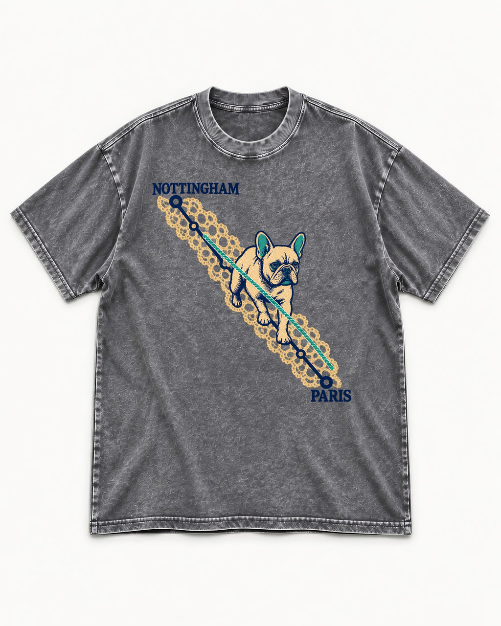 Nottingham to Paris Frenchie Washed Tee in Gray, flat lay product photo
