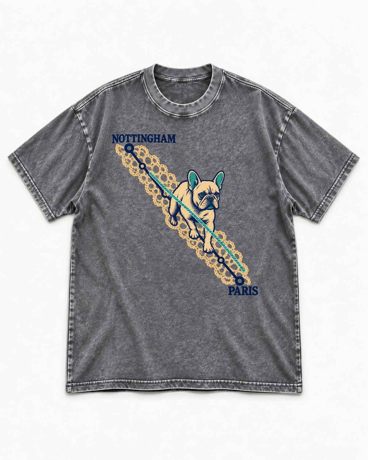 Nottingham to Paris Frenchie Washed Tee in Gray, flat lay product photo