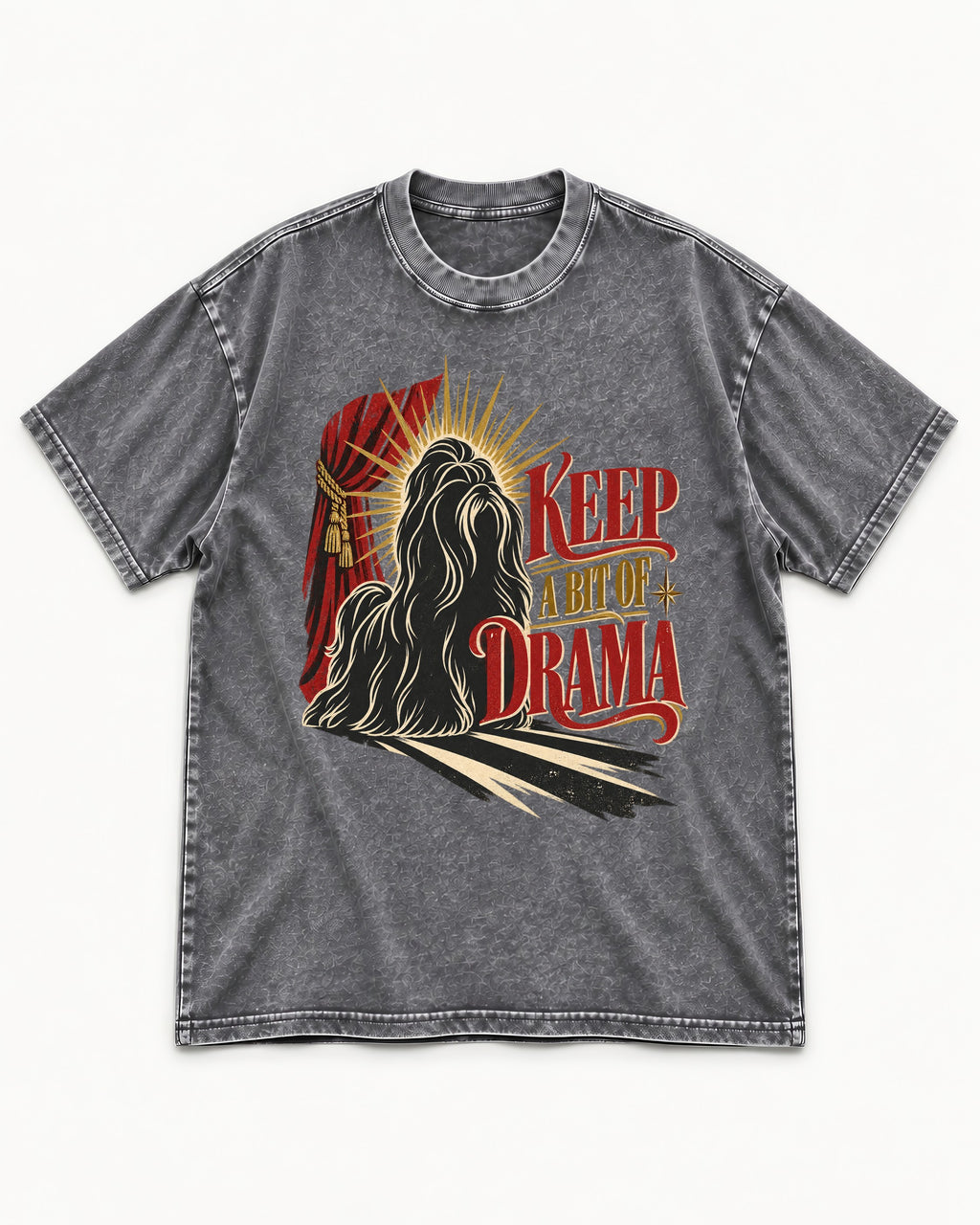 Shih Tzu Keep a Bit of Drama Theater Graphic Washed Tee in Gray, flat lay product photo