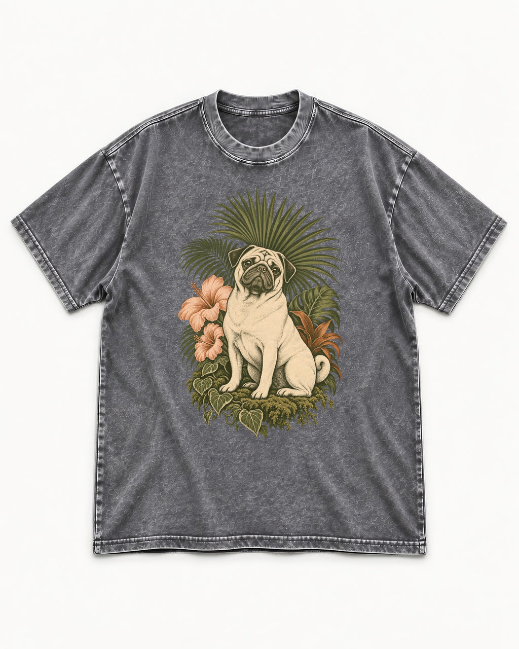 Pug Paradise Washed Tee in Gray, flat lay product photo