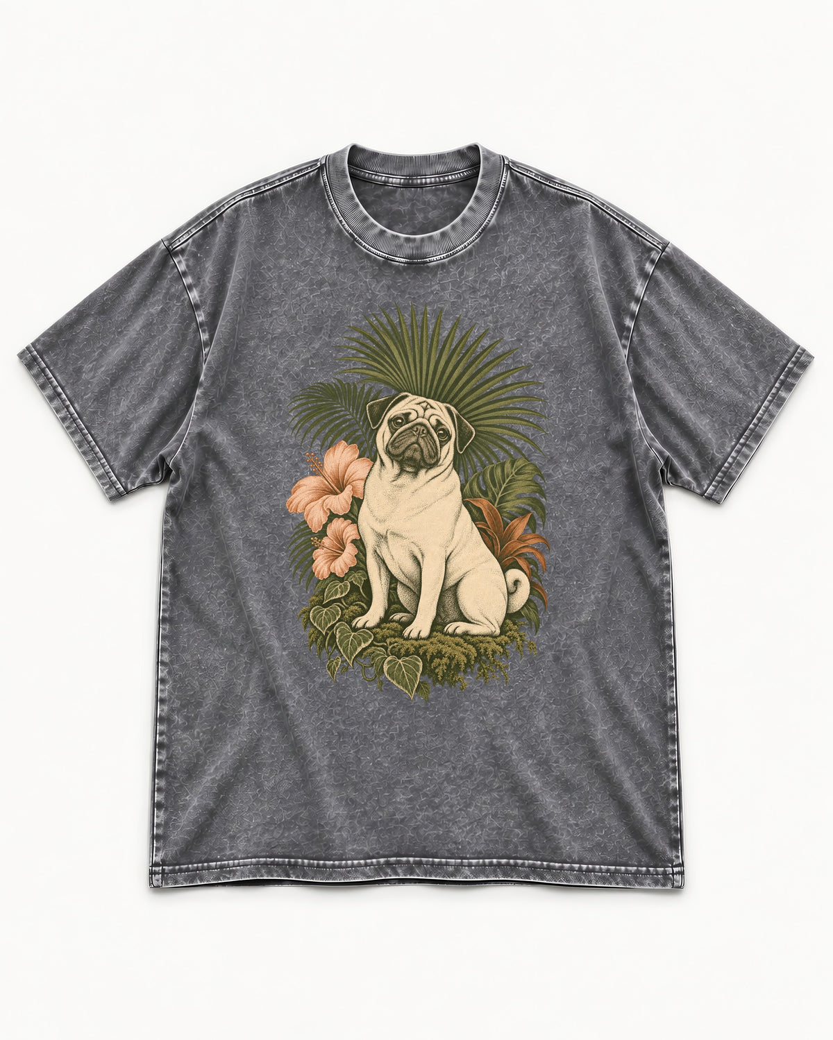 Pug Paradise Washed Tee in Gray, flat lay product photo