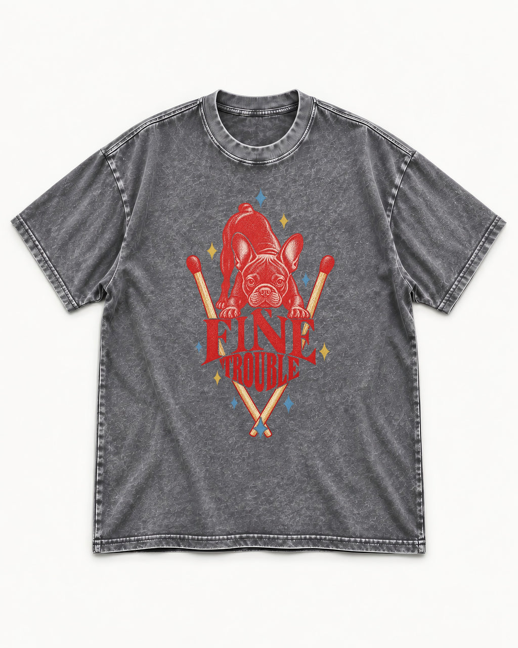 Fine Trouble Boston Terrier Matchstick Graphic Washed Tee in Gray, flat lay product photo