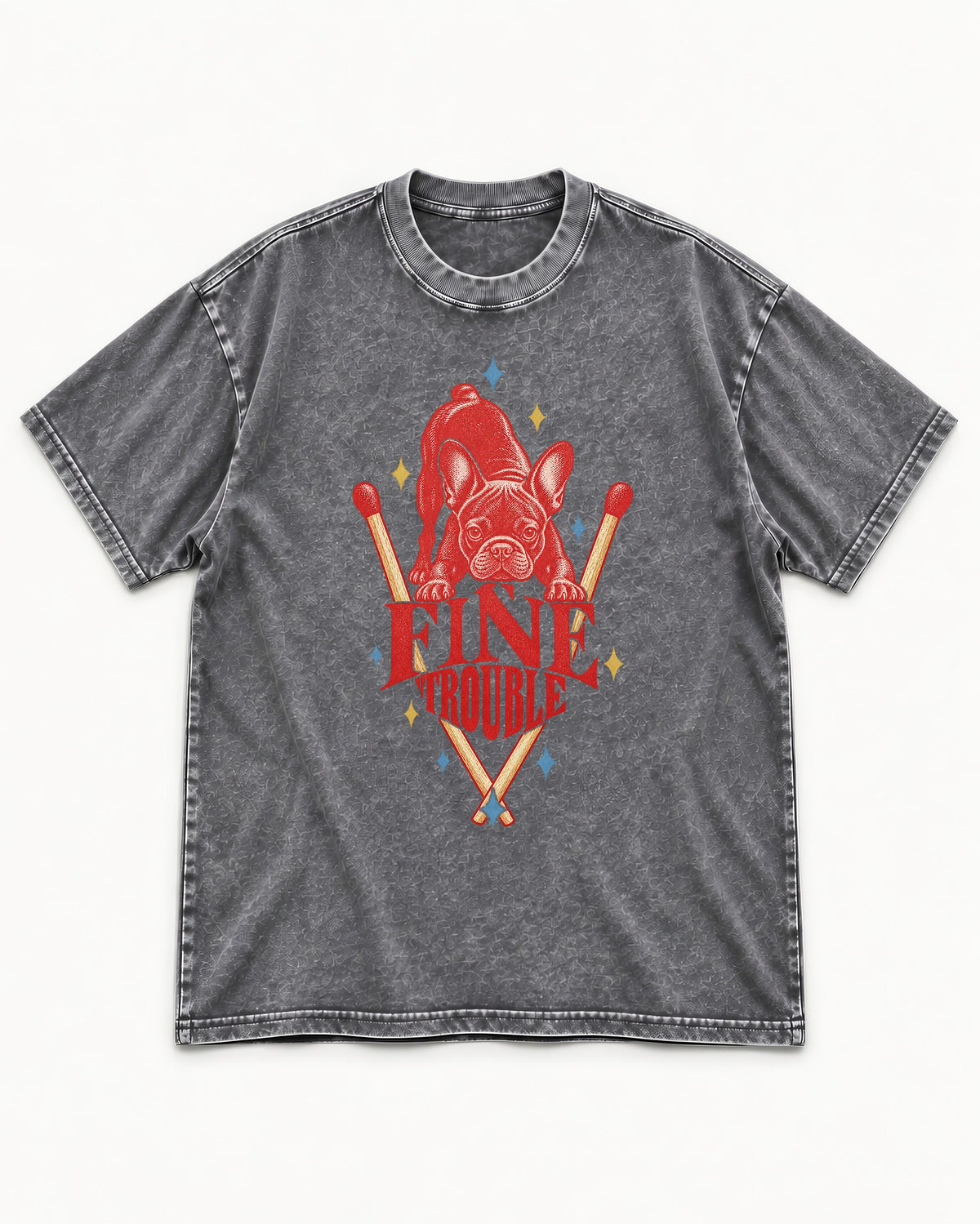 Fine Trouble Boston Terrier Matchstick Graphic Washed Tee in Gray, flat lay product photo