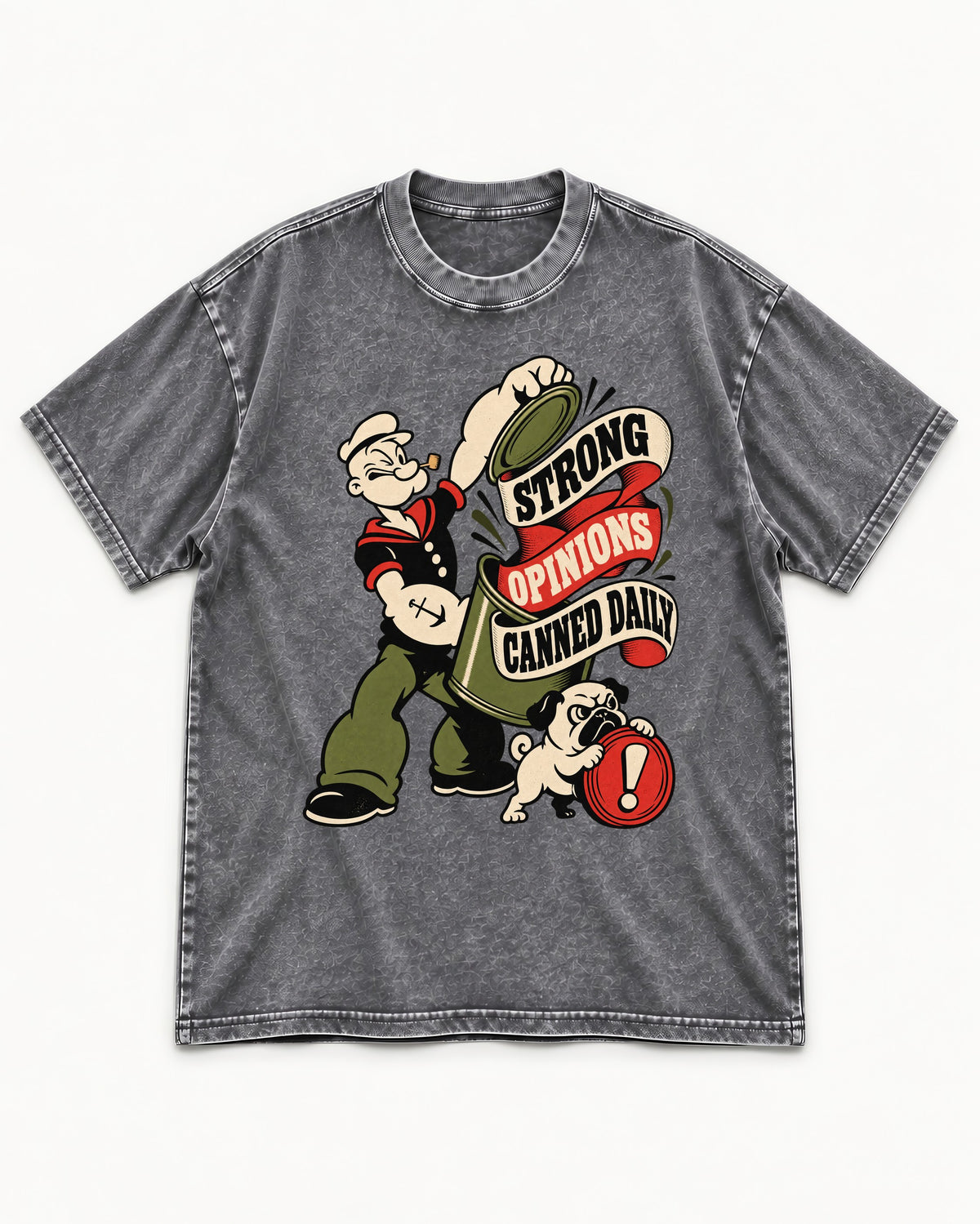 Pug Strong Opinions Washed Tee in Gray, flat lay product photo
