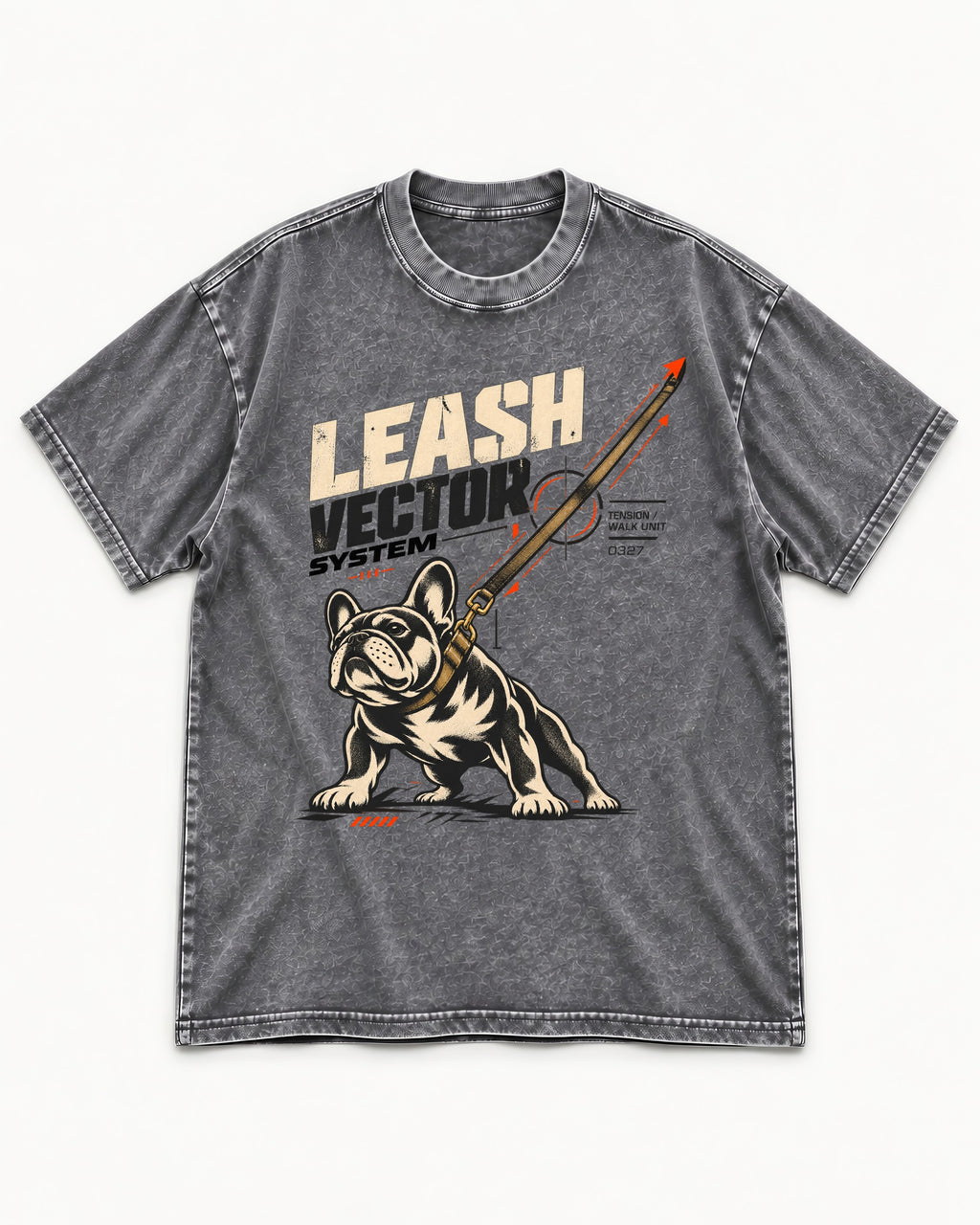 Frenchie Leash Vector Washed Tee in Gray, flat lay product photo