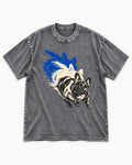 Frenchie Blue Brush Zoomie Graphic Washed Tee in Gray, flat lay product photo