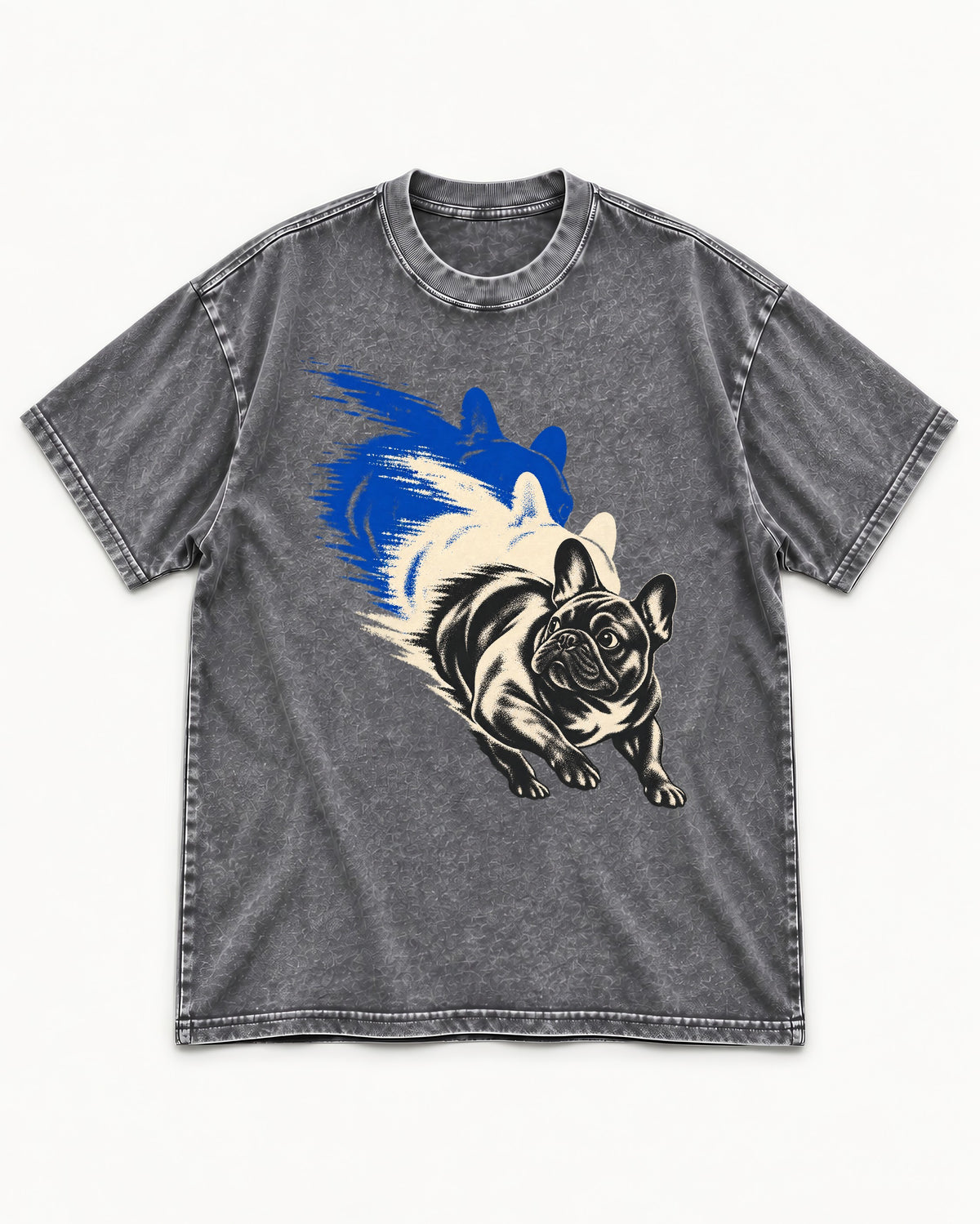 Frenchie Blue Brush Zoomie Graphic Washed Tee in Gray, flat lay product photo