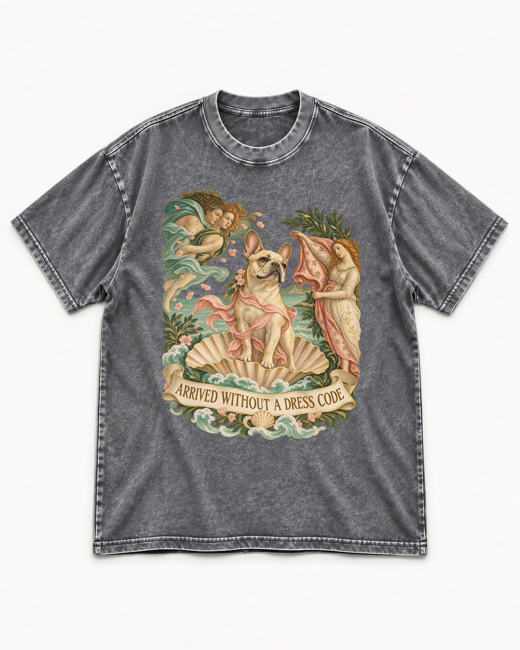 Frenchie Without a Dress Code Washed Tee in Gray, flat lay product photo