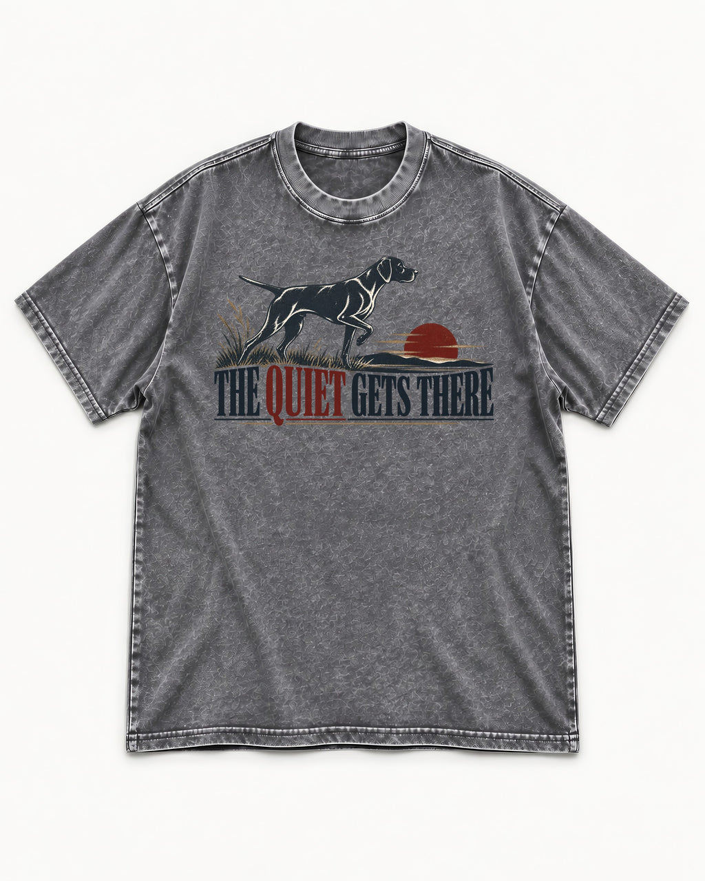 The Quiet Gets There German Shorthaired Pointer Washed Tee in Gray, flat lay product photo
