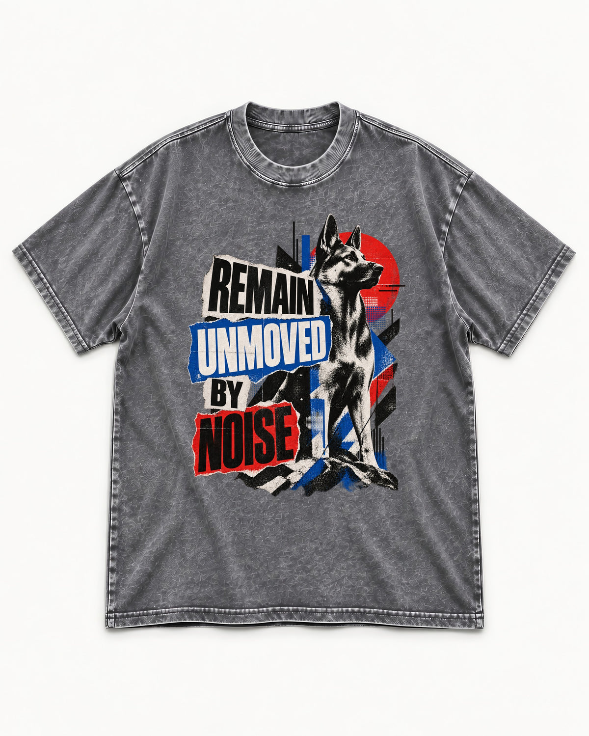 Remain Unmoved By Noise Brutalist Collage German Shepherd Dog Graphic Washed Tee in Gray, flat lay product photo