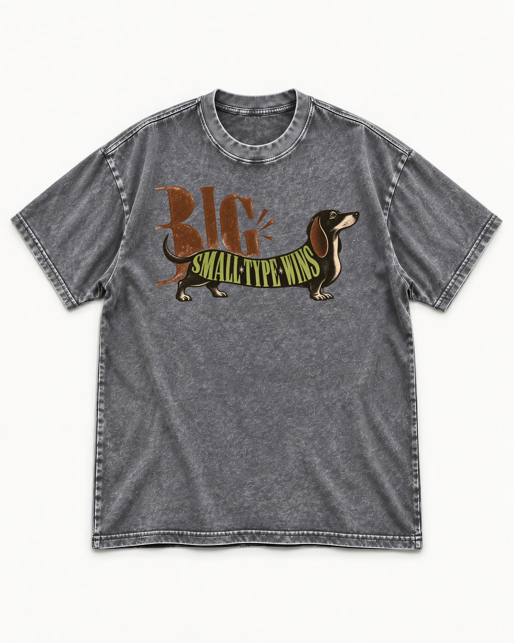 Dachshund Small Type Wins Washed Tee in Gray, flat lay product photo