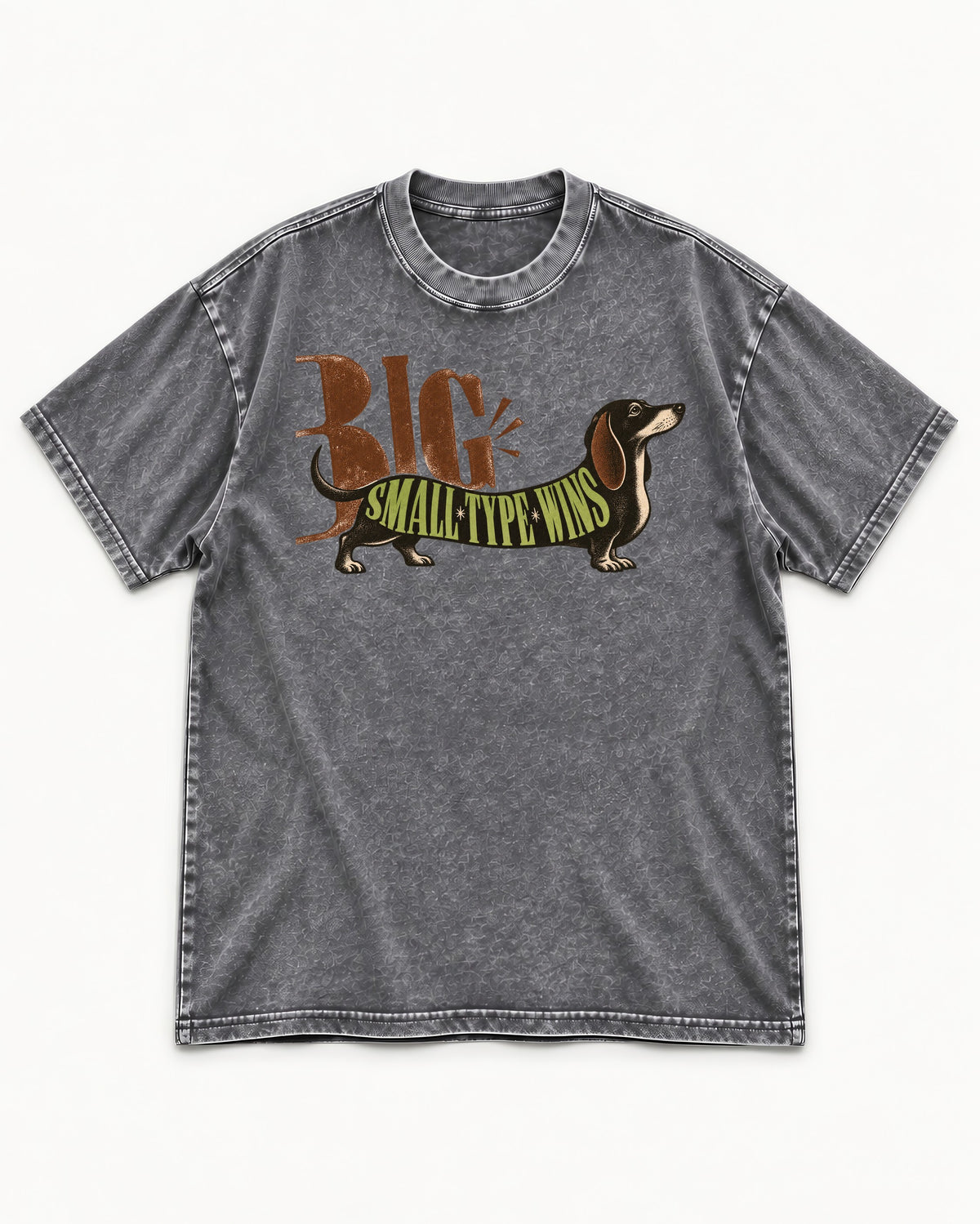 Dachshund Small Type Wins Washed Tee in Gray, flat lay product photo