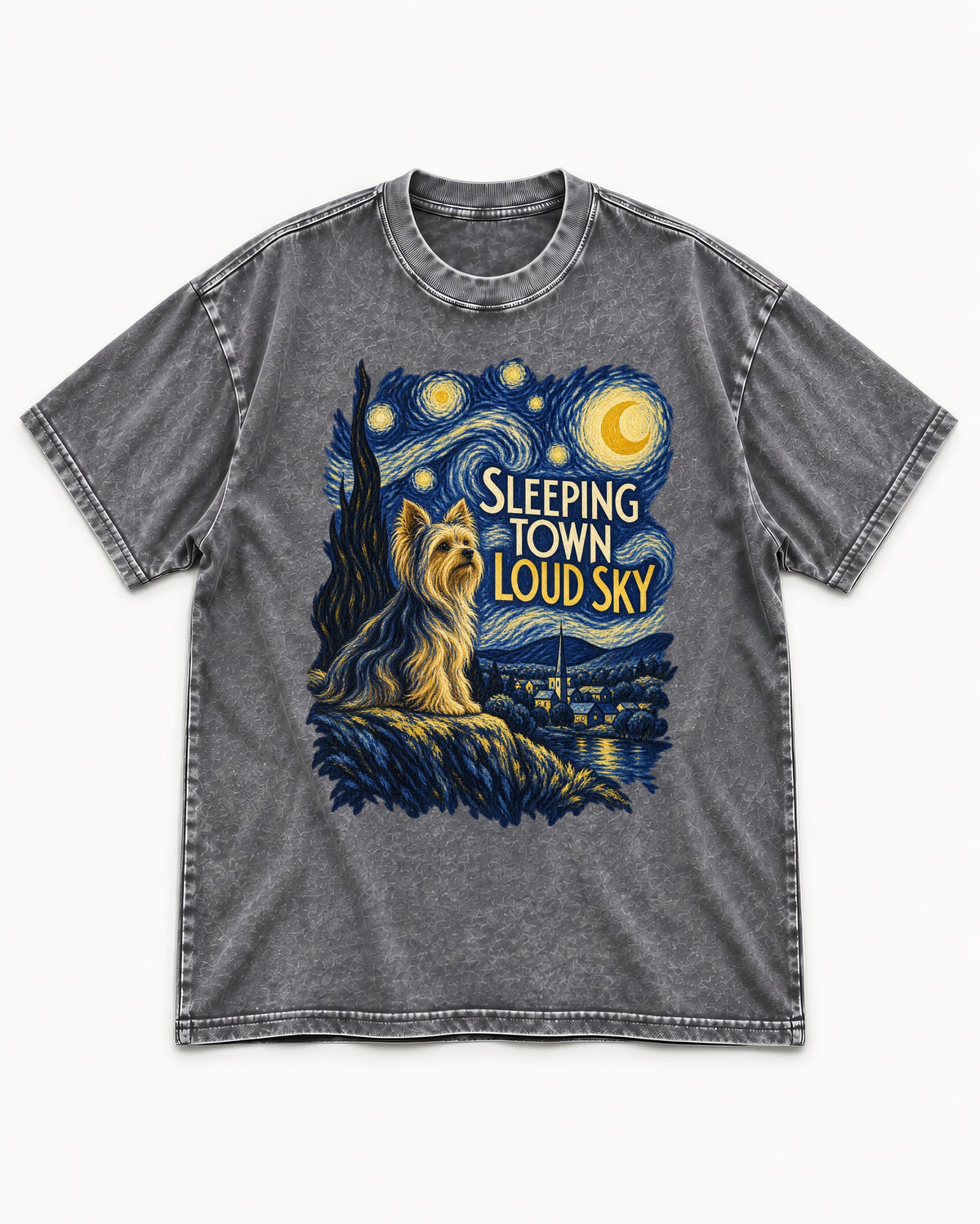 Yorkshire Terrier Sleeping Town Loud Sky Starry Night Graphic Washed Tee in Gray, flat lay product photo