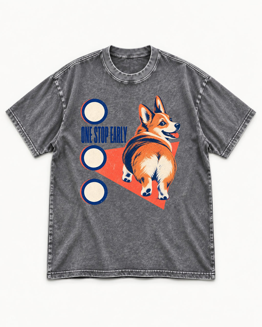 One Stop Early Corgi Washed Tee in Gray, flat lay product photo