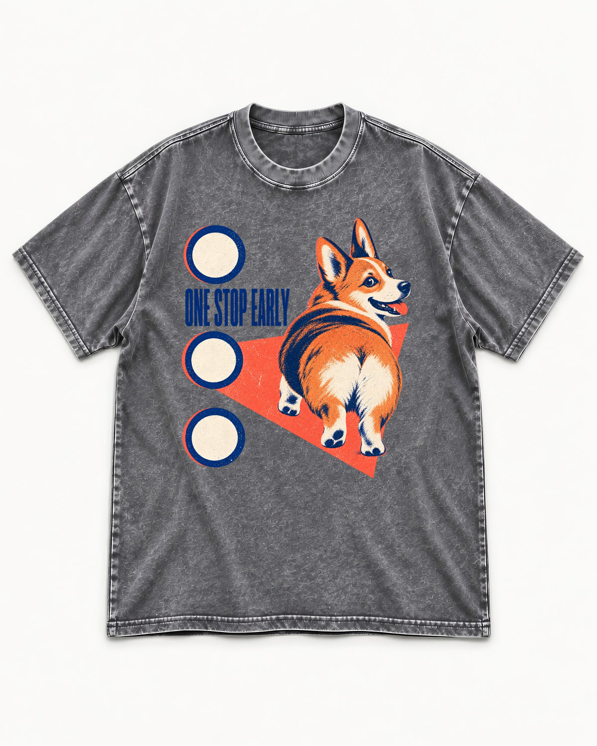 One Stop Early Corgi Washed Tee in Gray, flat lay product photo