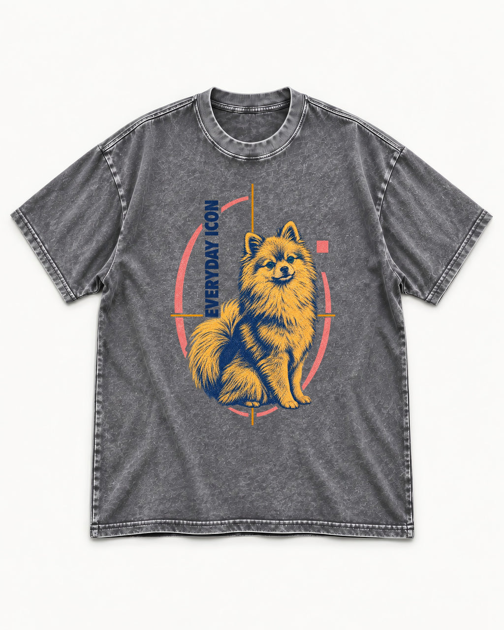 Pomeranian Everyday Icon Washed Tee in Gray, flat lay product photo
