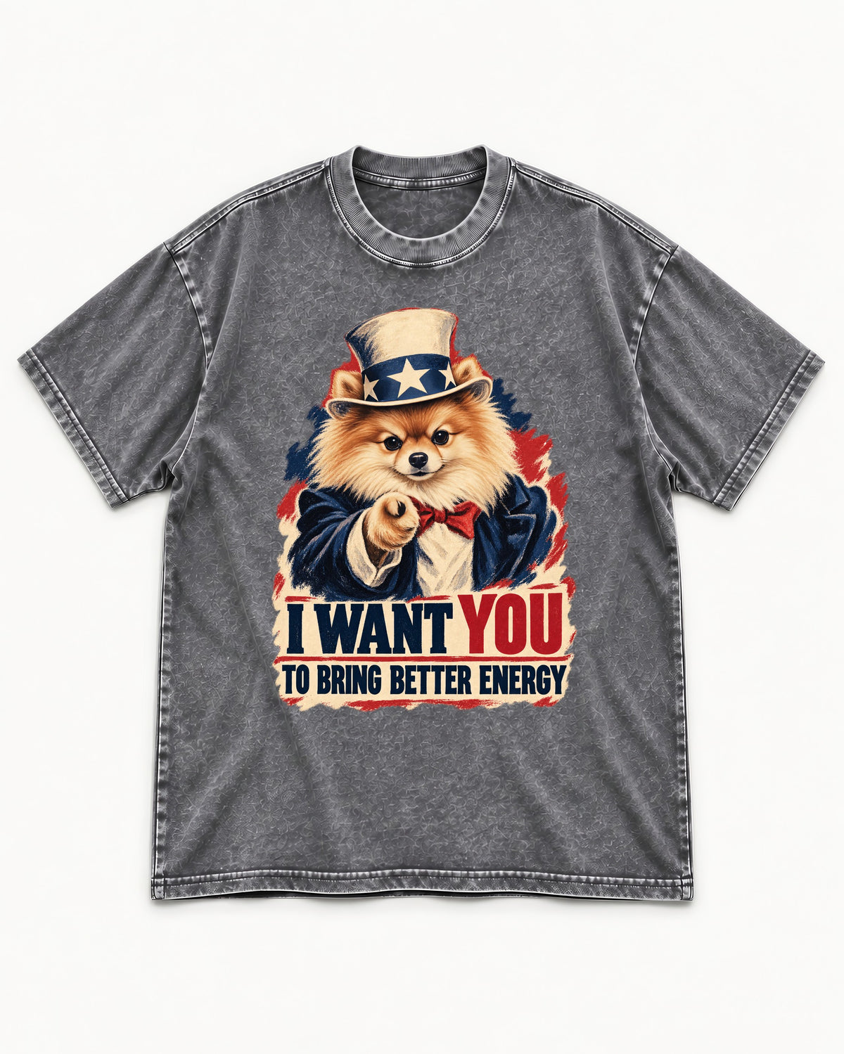 Pomeranian I Want You to Bring Better Energy Uncle Sam Graphic Washed Tee in Gray, flat lay product photo