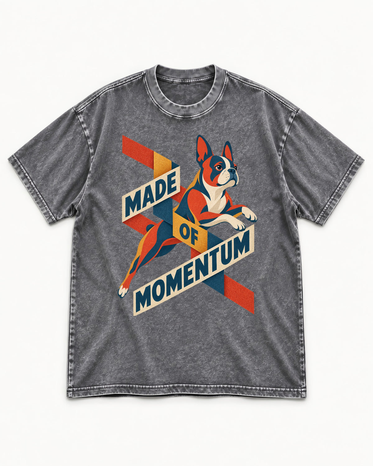 Made of Momentum Boston Terrier Washed Tee in Gray, flat lay product photo