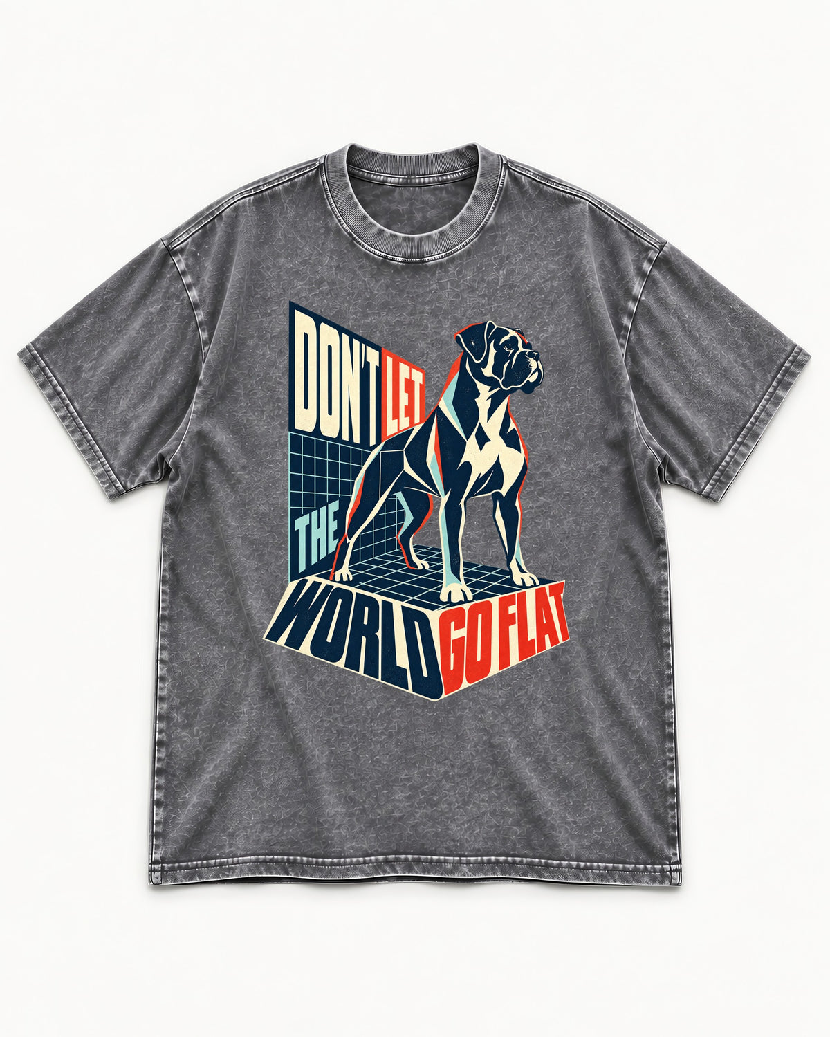 Don't Let the World Go Flat Boxer Perspective Grid Graphic Washed Tee in Gray, flat lay product photo