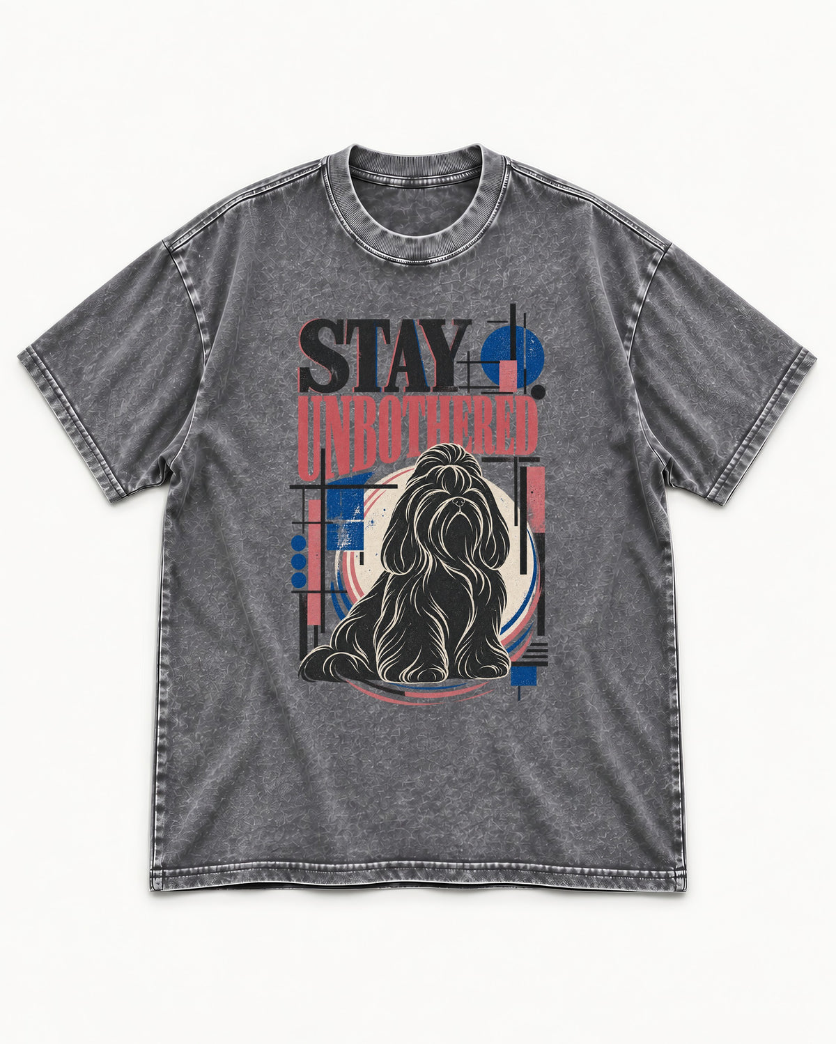 Stay Unbothered Shih Tzu Washed Tee in Gray, flat lay product photo