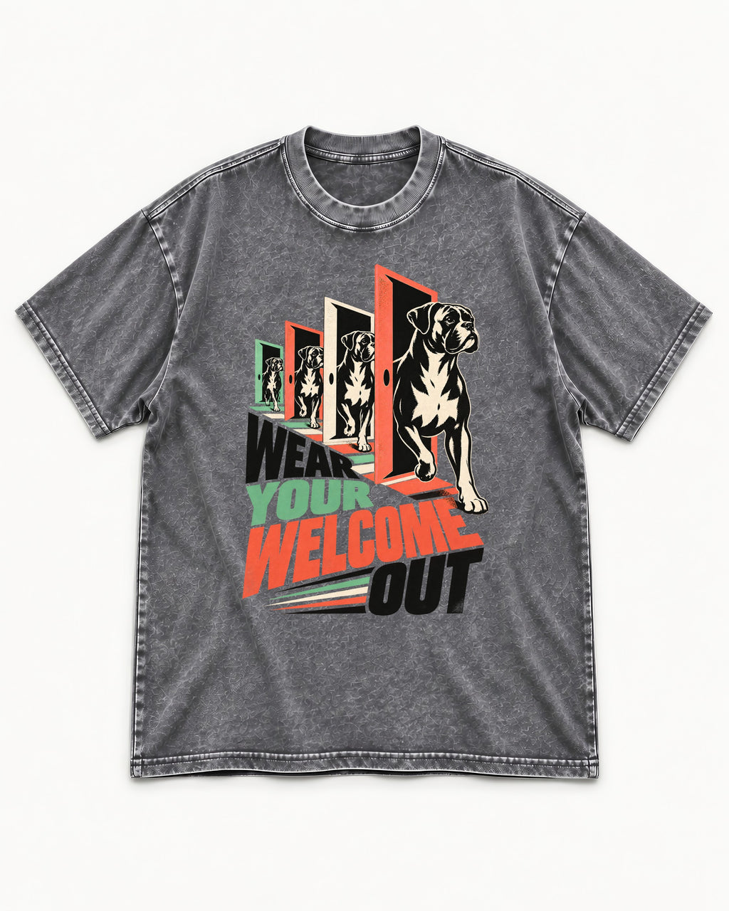 Wear Your Welcome Out Boxer Doorway Progression Graphic Washed Tee in Gray, flat lay product photo