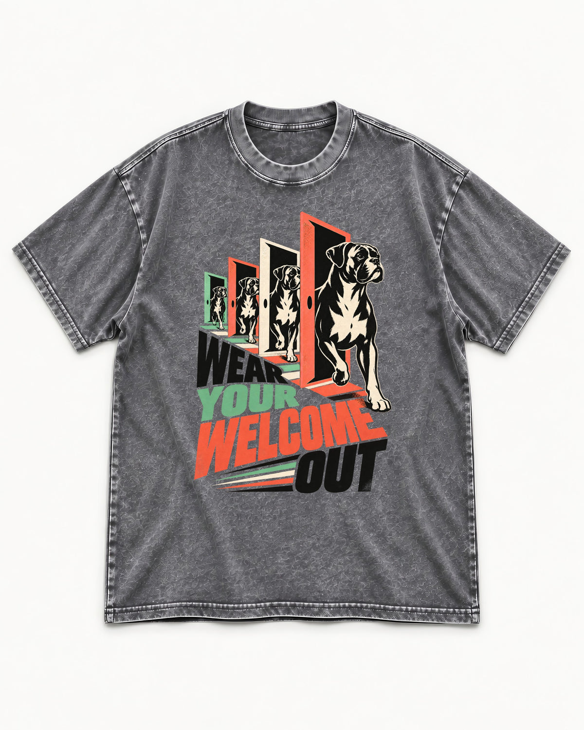 Wear Your Welcome Out Boxer Doorway Progression Graphic Washed Tee in Gray, flat lay product photo