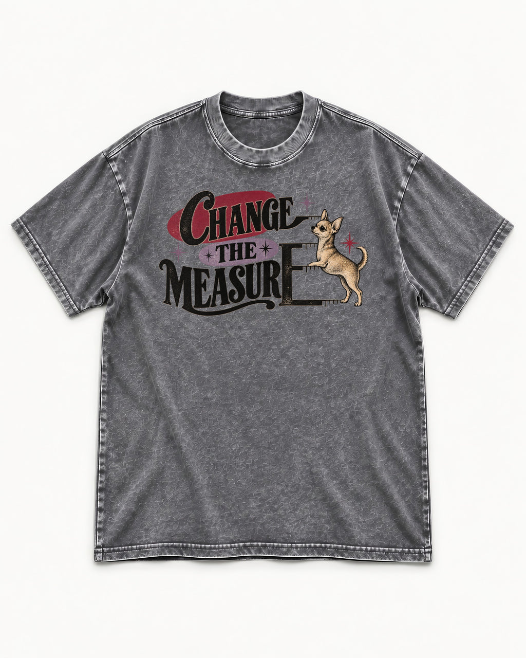 Change the Measure Chihuahua Washed Tee in Gray, flat lay product photo