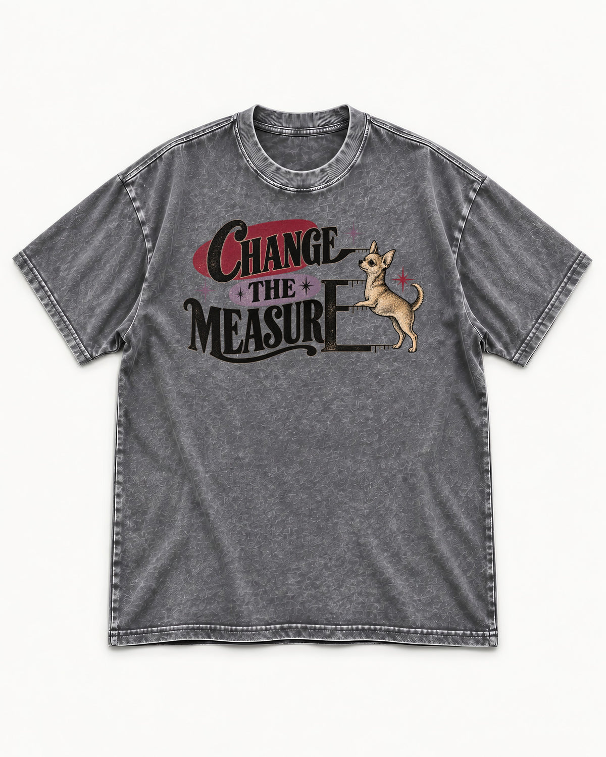 Change the Measure Chihuahua Washed Tee in Gray, flat lay product photo