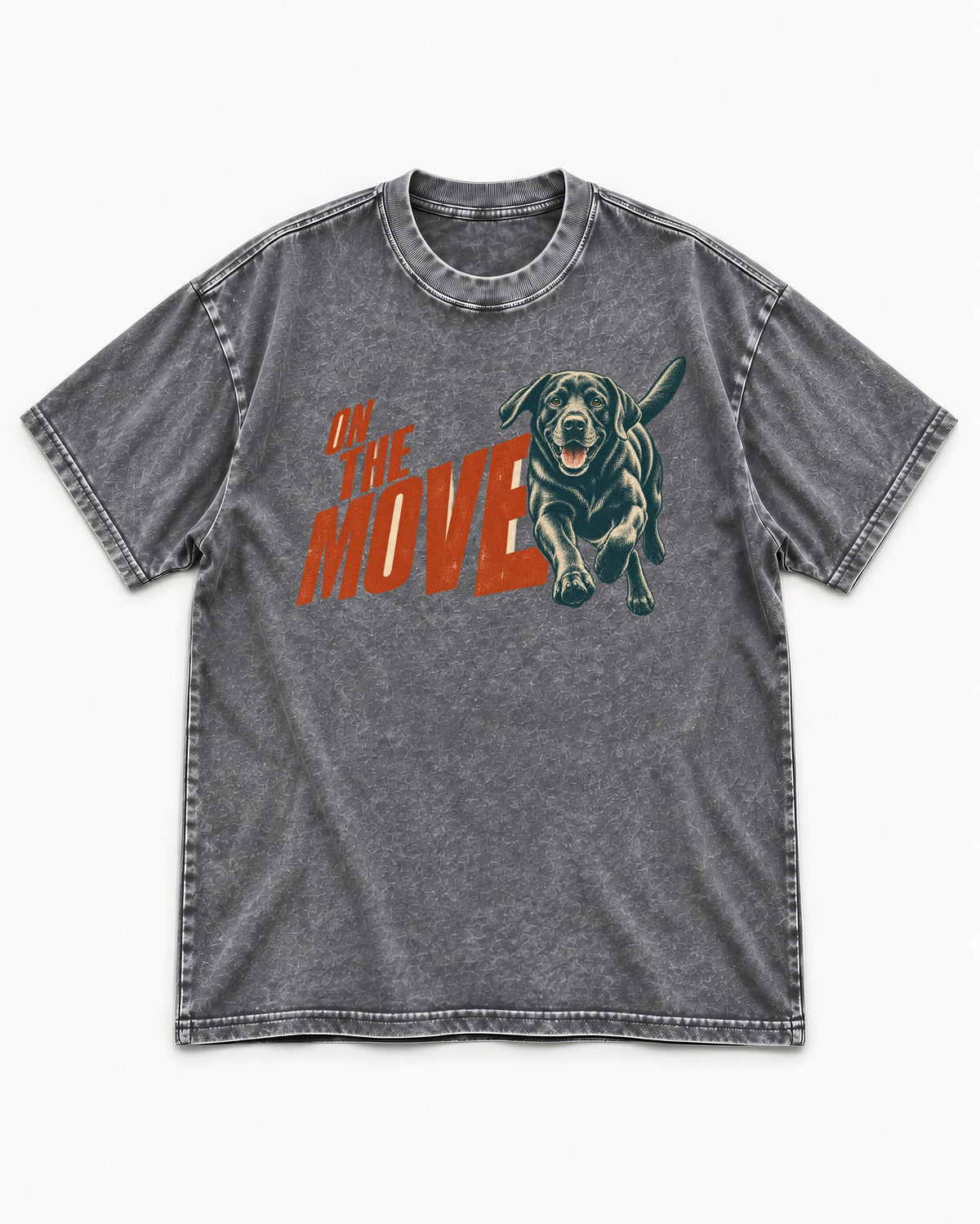Labrador Retriever On the Move Running Graphic Washed Tee in Gray, flat lay product photo