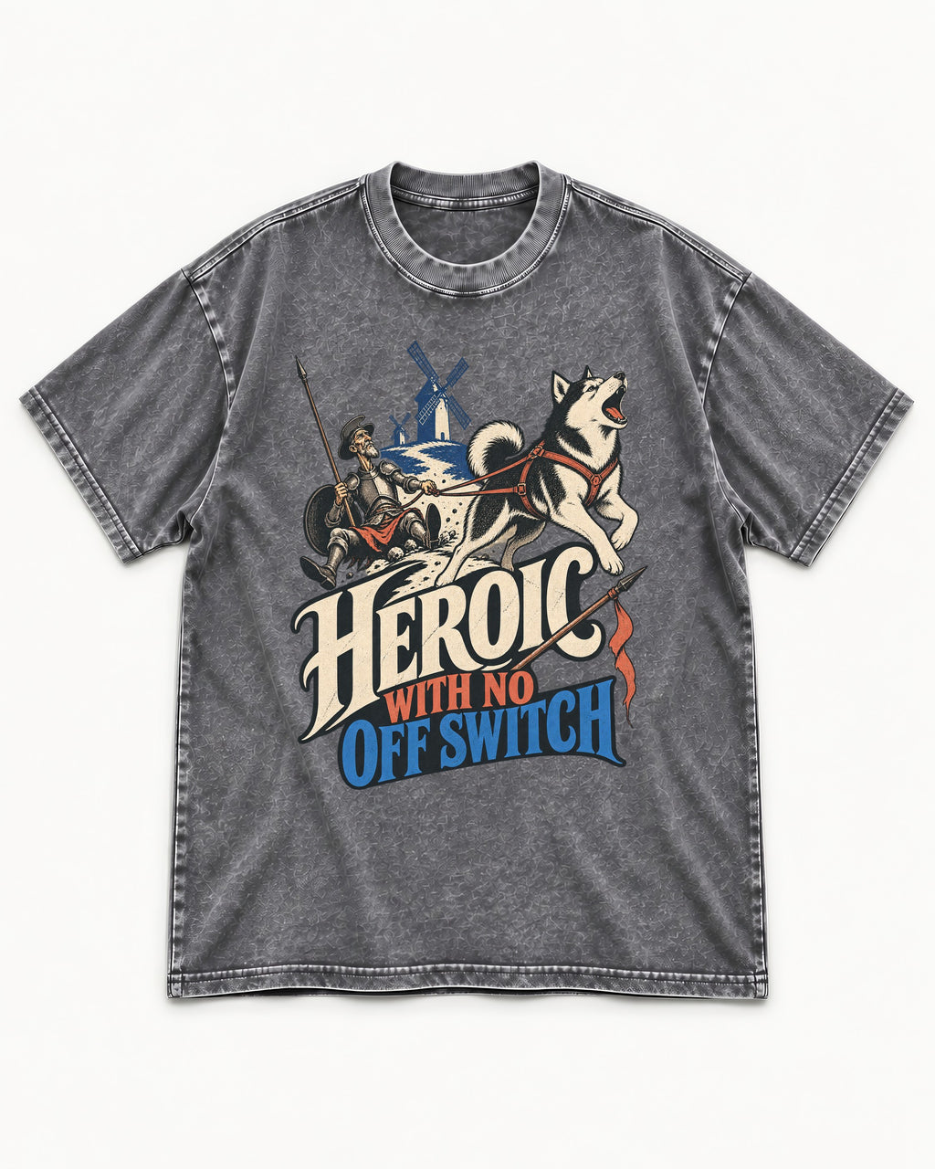 Husky Heroic with No Off Switch Don Quixote Graphic Washed Tee in Gray, flat lay product photo