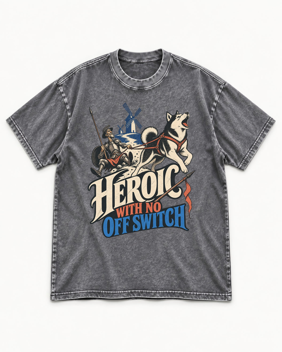 Husky Heroic with No Off Switch Don Quixote Graphic Washed Tee in Gray, flat lay product photo