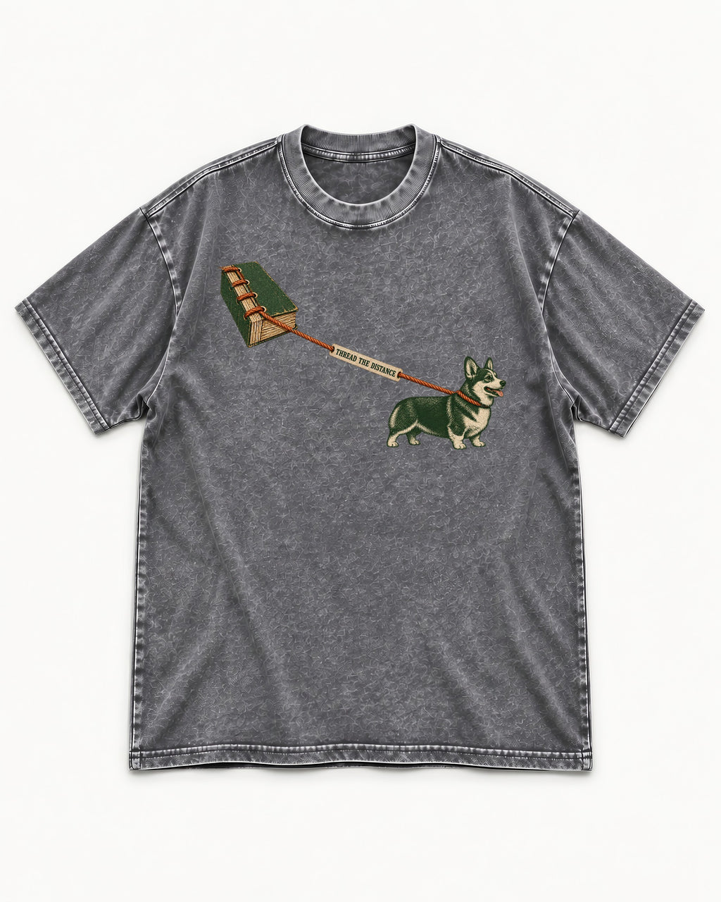 Thread the Distance with Corgi Washed Tee in Gray, flat lay product photo