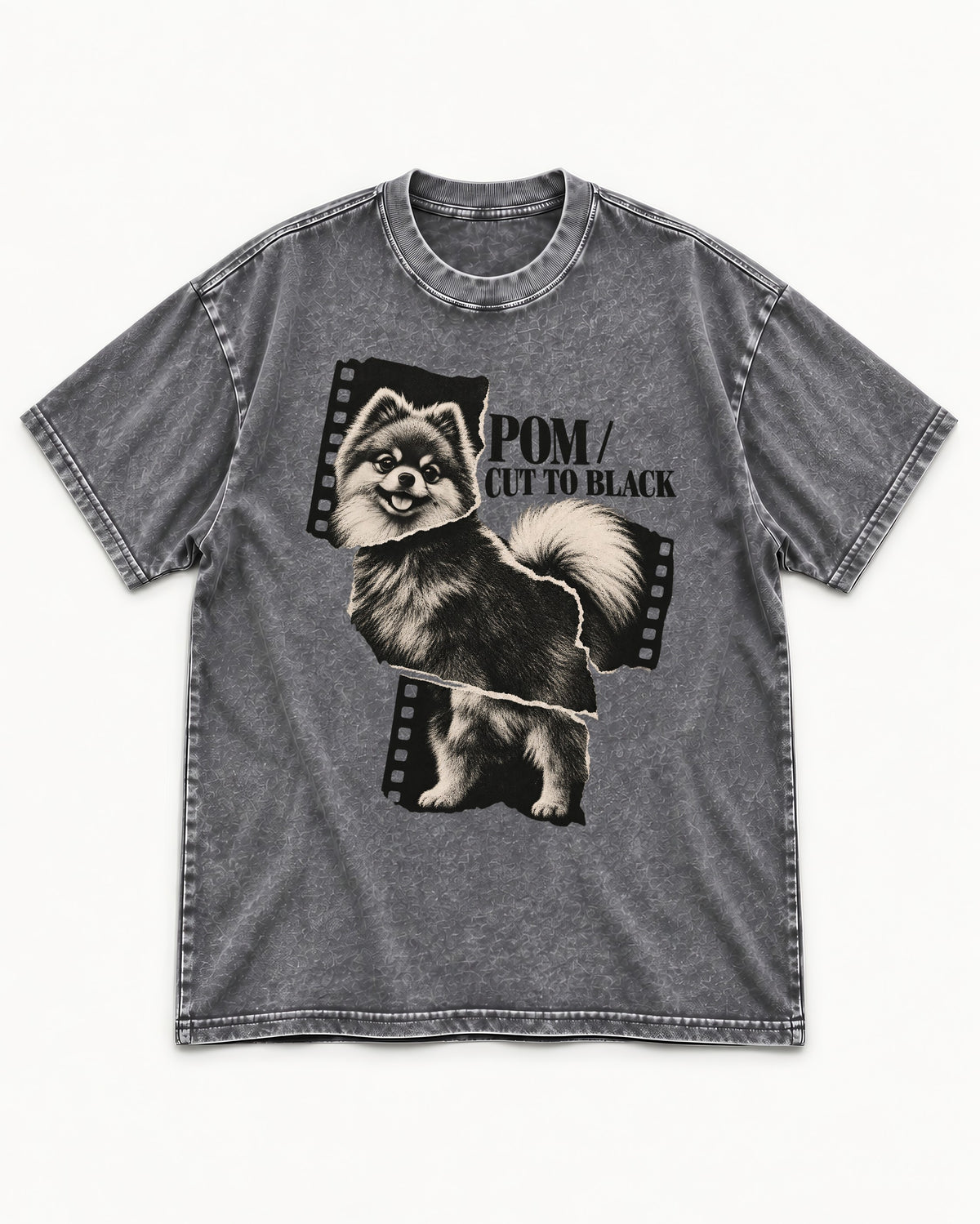 Pomeranian Cut to Black Washed Tee in Gray, flat lay product photo
