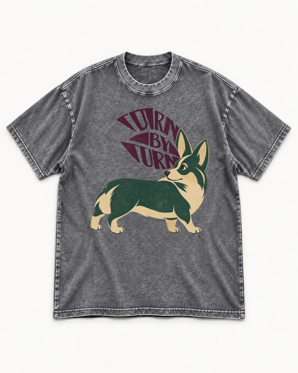 Turn by Turn Corgi Washed Tee in Gray, flat lay product photo