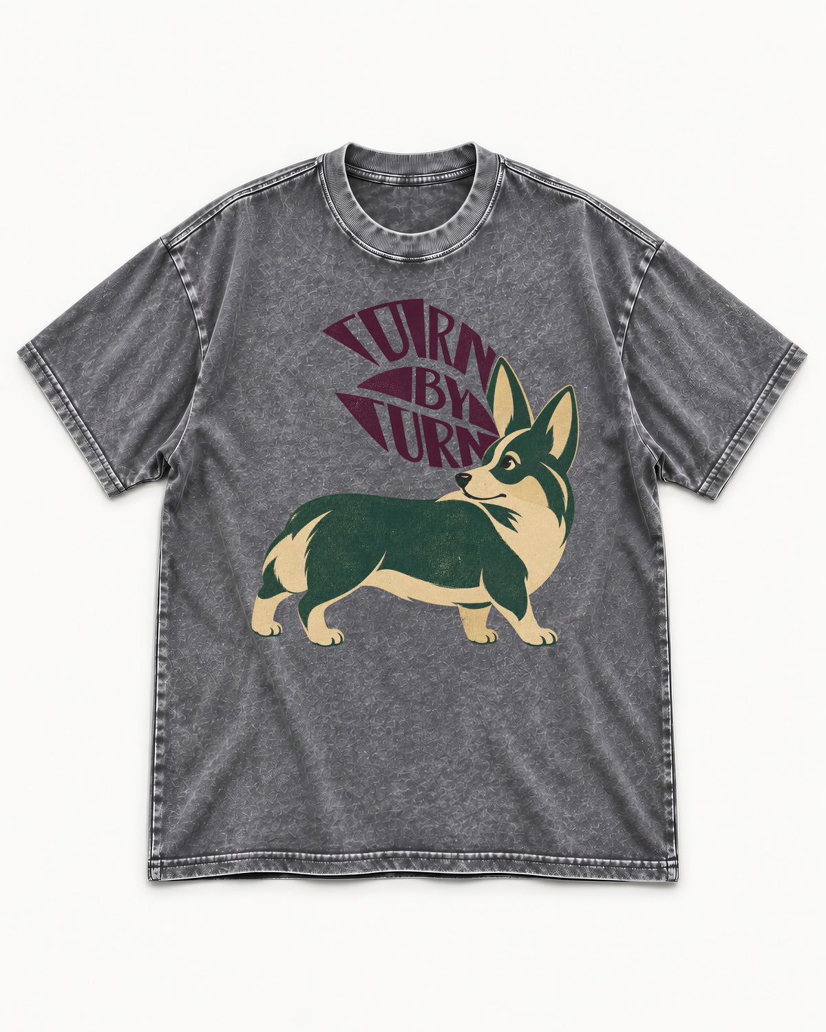 Turn by Turn Corgi Washed Tee in Gray, flat lay product photo