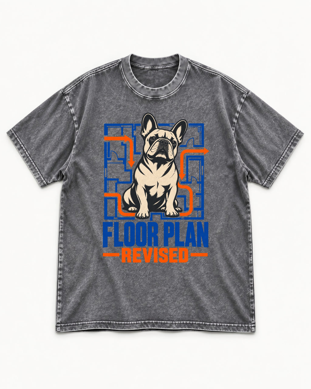 Frenchie Floor Plan Revised Washed Tee in Gray, flat lay product photo