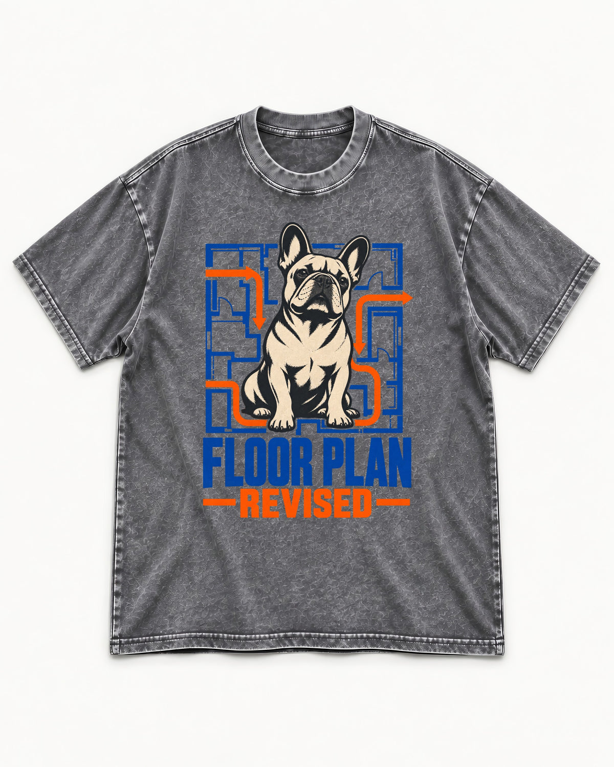 Frenchie Floor Plan Revised Washed Tee in Gray, flat lay product photo