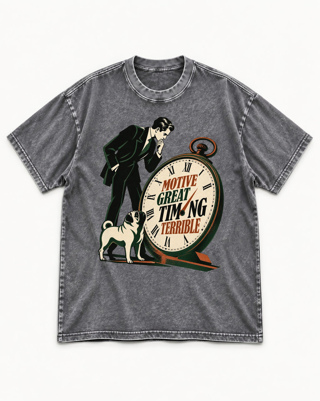 Pug Great Motive Terrible Timing Washed Tee in Gray, flat lay product photo