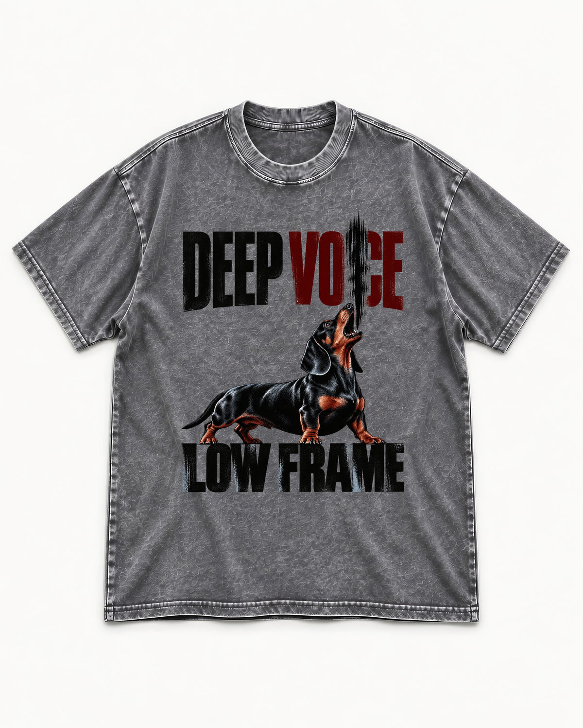 Deep Voice Low Frame Dachshund Washed Tee in Gray, flat lay product photo