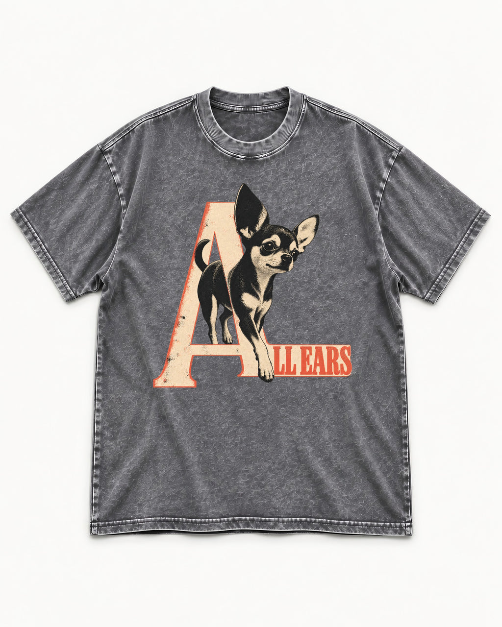 All Ears Chihuahua Washed Tee in Gray, flat lay product photo