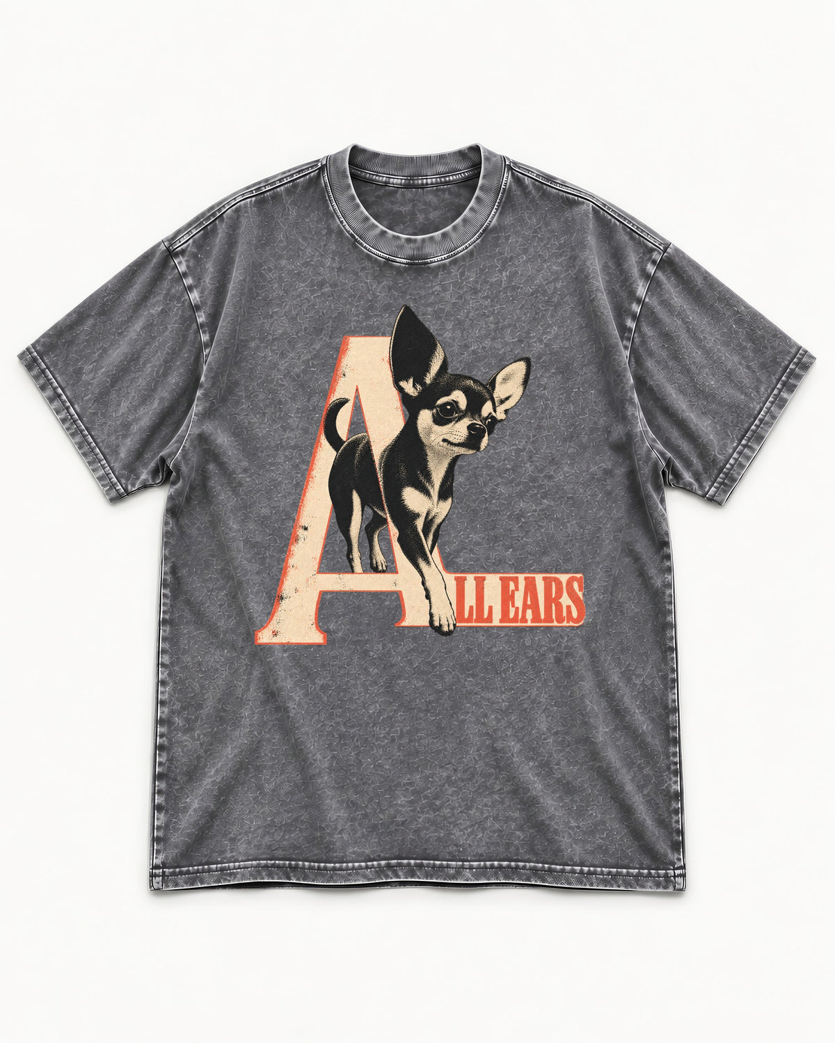 All Ears Chihuahua Washed Tee in Gray, flat lay product photo