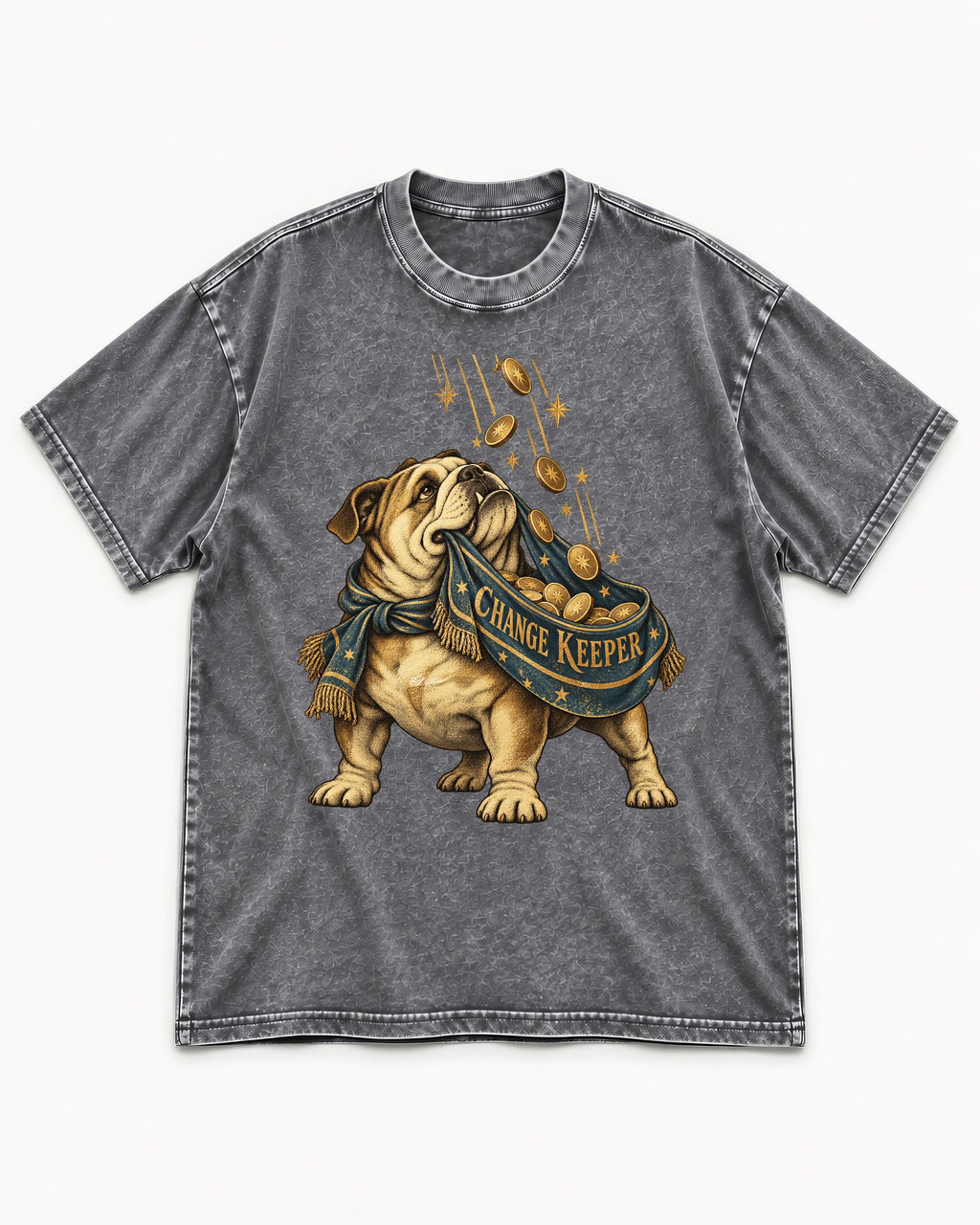 English Bulldog Change Keeper Coin Scarf Graphic Washed Tee in Gray, flat lay product photo