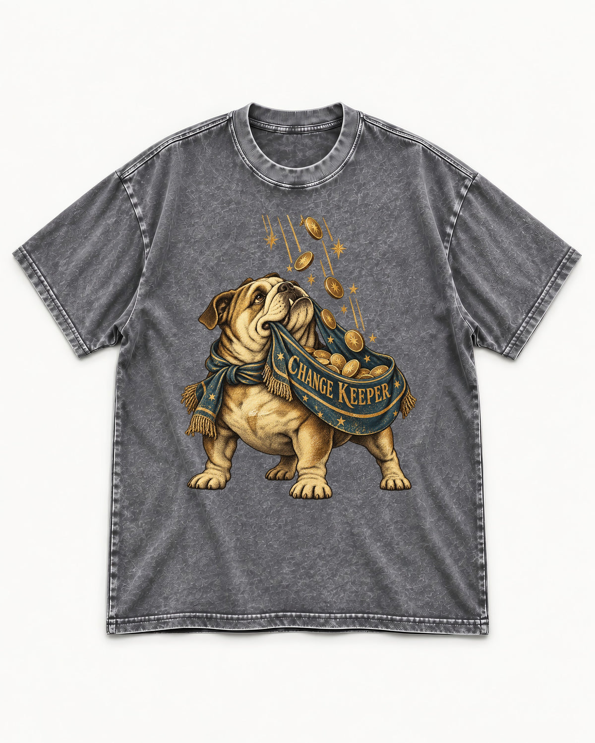 English Bulldog Change Keeper Coin Scarf Graphic Washed Tee in Gray, flat lay product photo