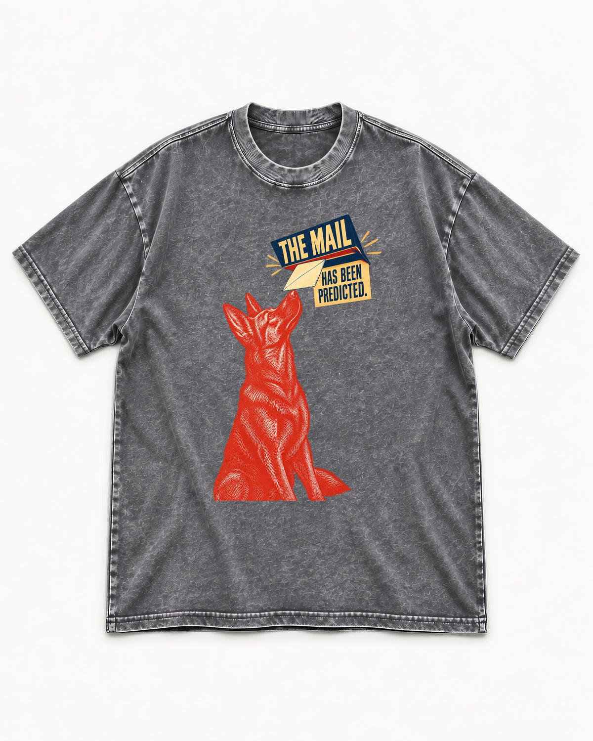 German Shepherd Dog Mail Predicted Graphic Washed Tee in Gray, flat lay product photo