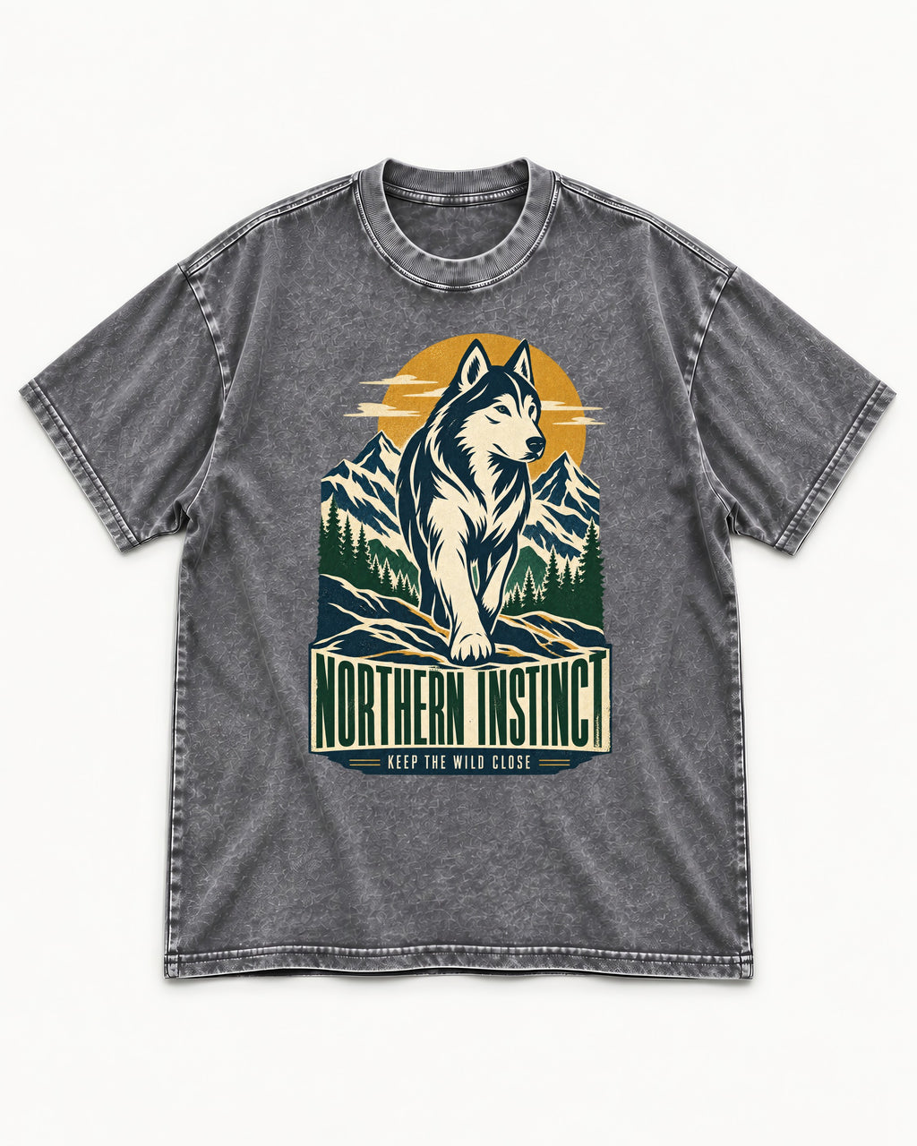 Husky Northern Instinct Mountain Sentinel Washed Tee in Gray, flat lay product photo